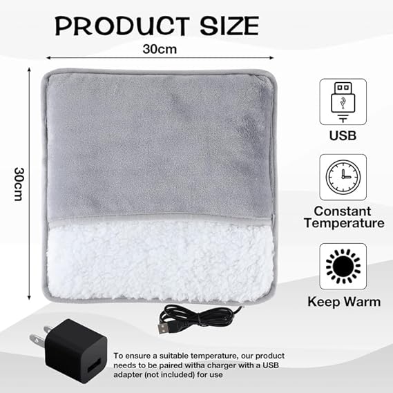 USB Heated Foot Warmer Pad 11.8×11.8 in — Plush Flannel, Machine Washable