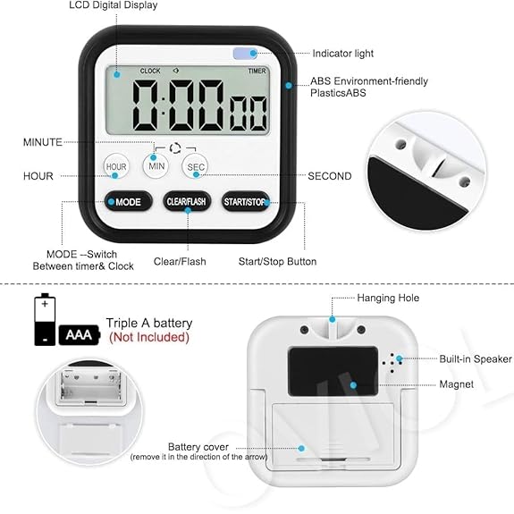 Digital Study & Kitchen Timer with LCD Screen, Alarm & Stopwatch