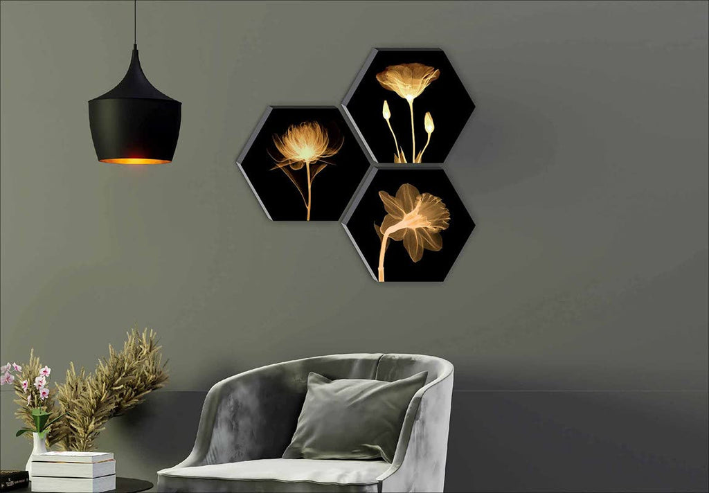 Hexagon Floral MDF Wall Art Set of 3 — 17×17 in | SAF